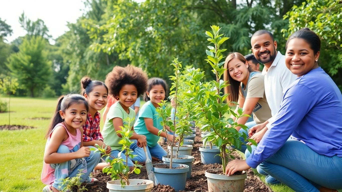 Membrii comunității plantează copaci într-un parc verde.