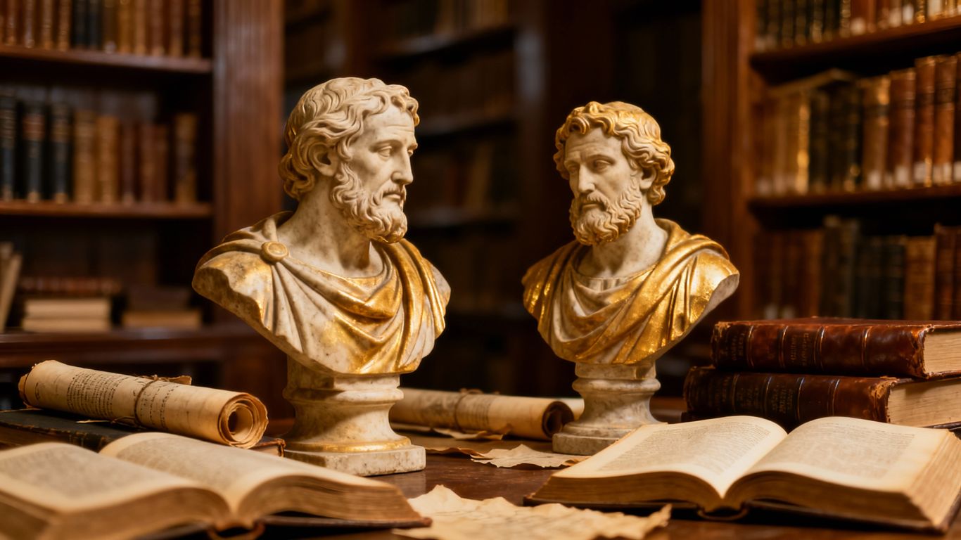 Busts of philosophers with open books in a library.