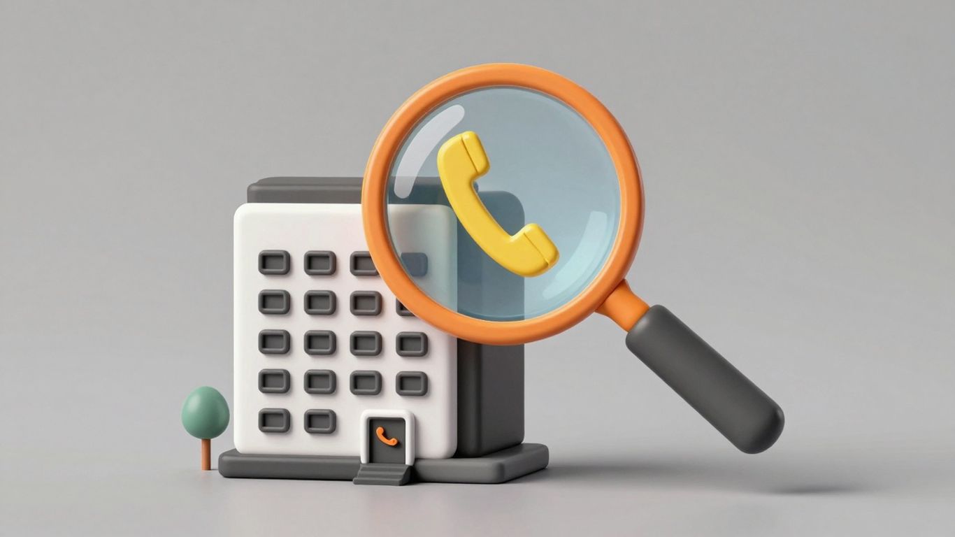 Magnifying glass over building with phone icon.