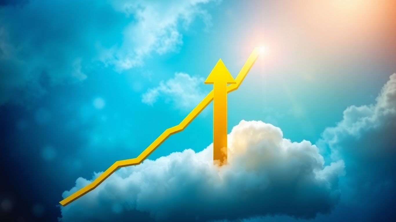 Gráfico de ações subindo com seta dourada e luz.