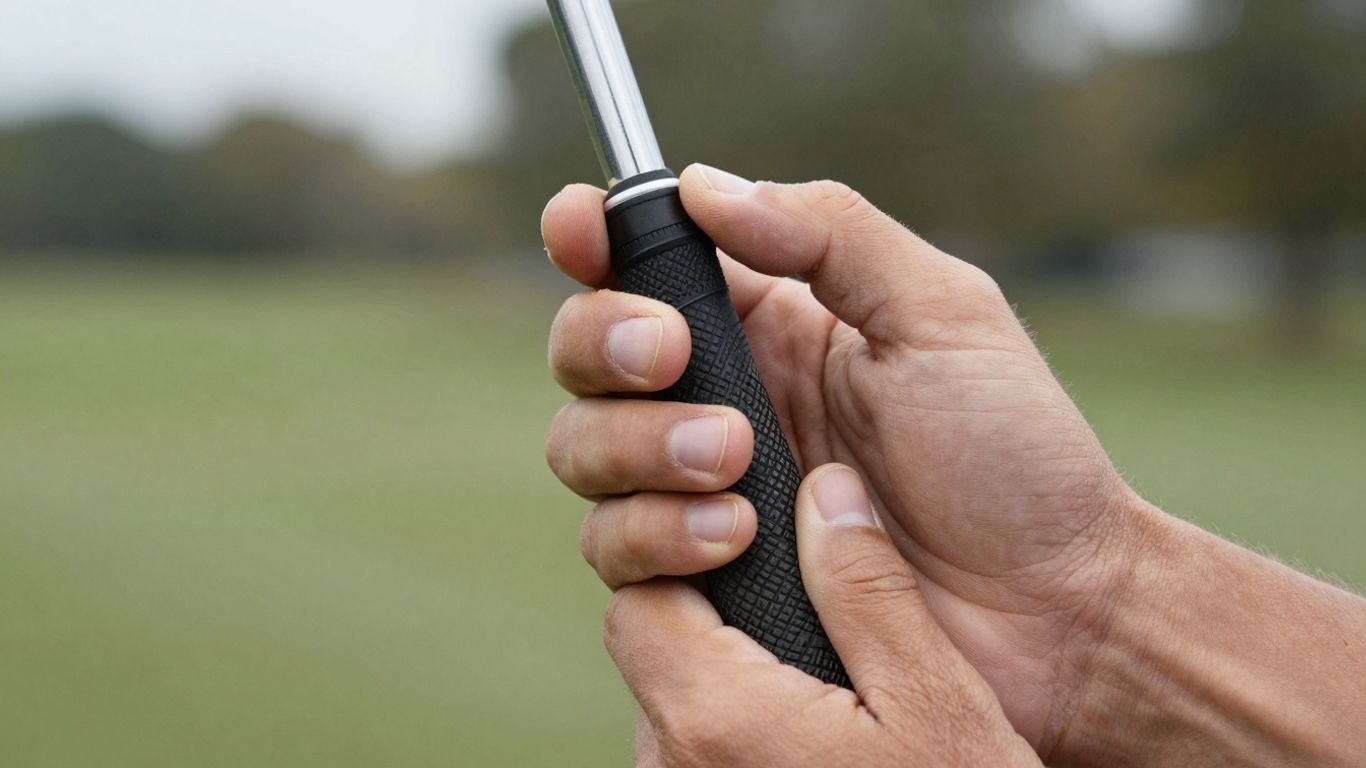 Golfer's hands demonstrating correct grip on a club.