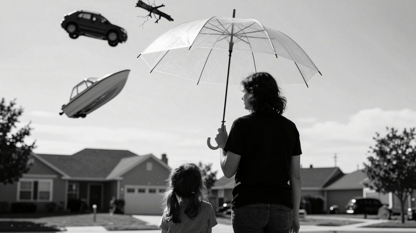 Umbrella protecting family from potential hazards.