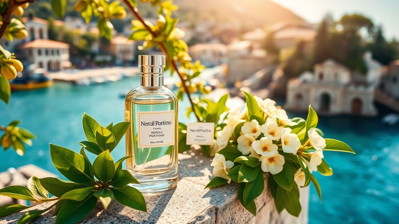 Bottle of Neroli Portofino perfume on Italian coast with citrus.