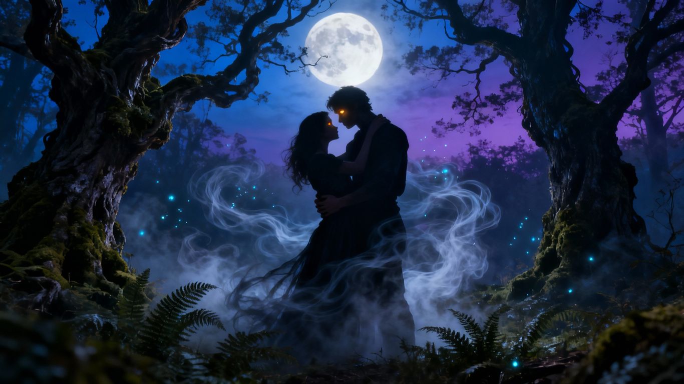 Couple embracing in a mystical, moonlit forest.