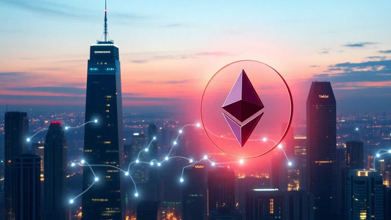 Digital asset logos above futuristic city