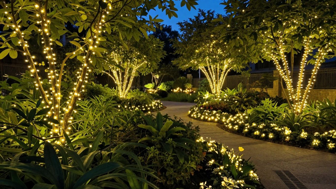 Magische tuinverlichting in een donkere tuin.
