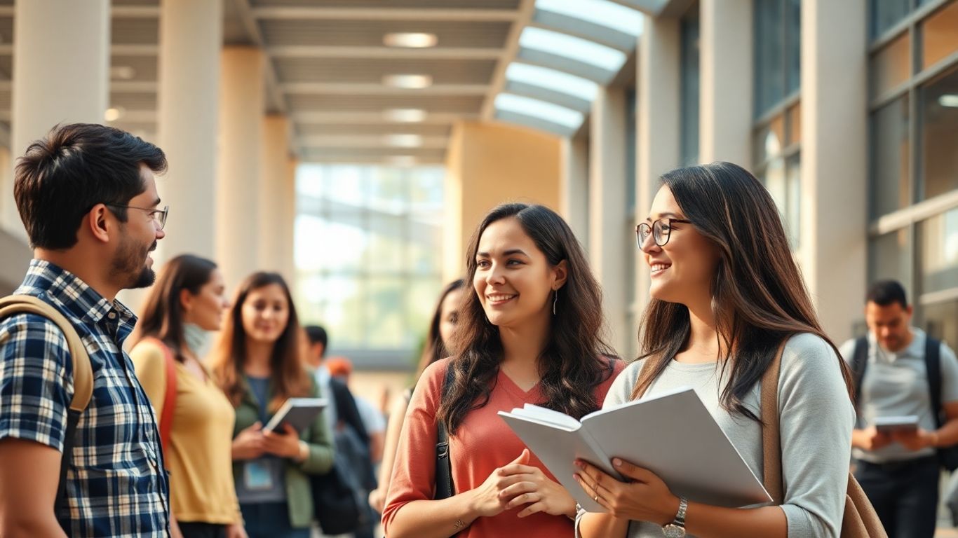 Estudantes em campus universitário moderno e iluminado.