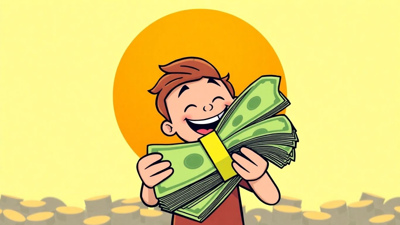 Happy person receiving cash, cartoon style.