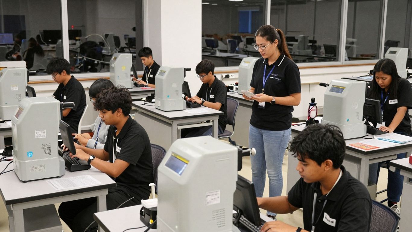 Students learning in vocational classrooms at EVIT.