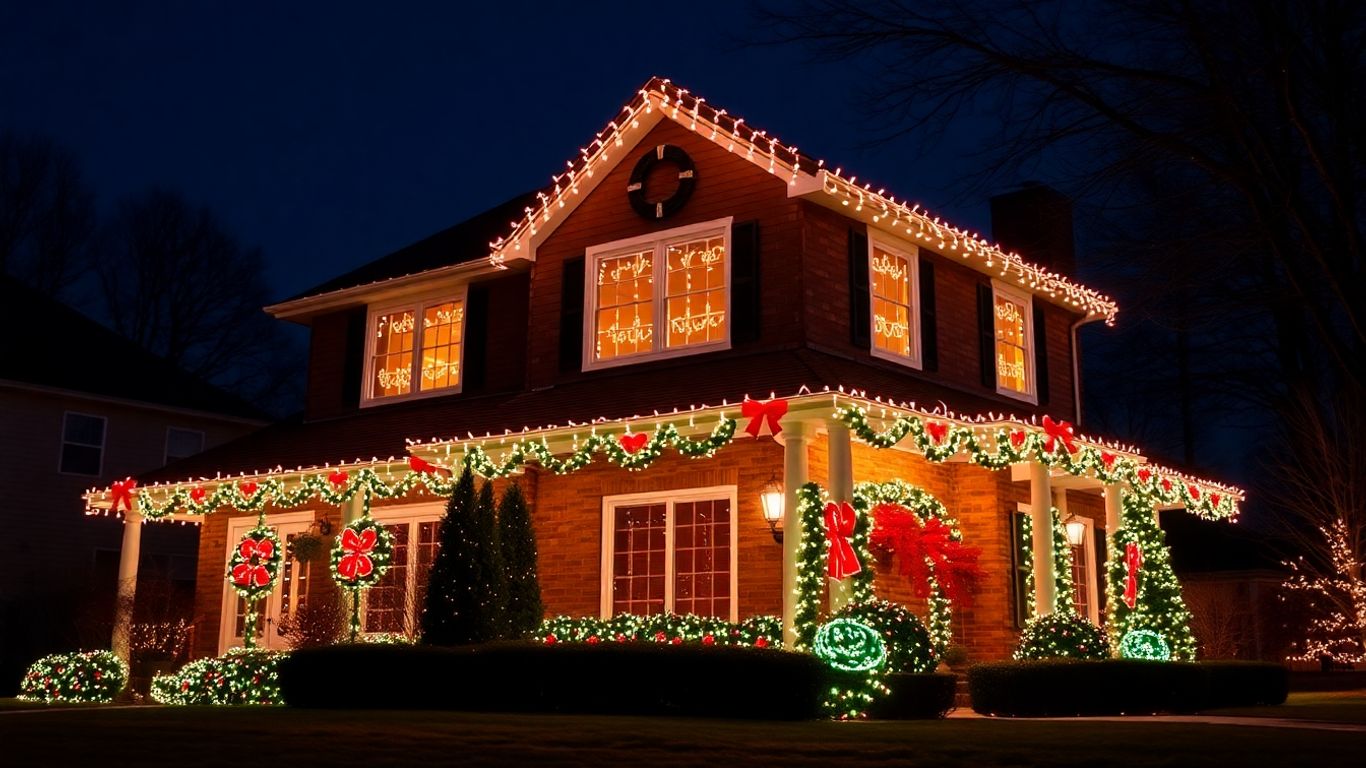 Professionally installed Christmas lights on a house.