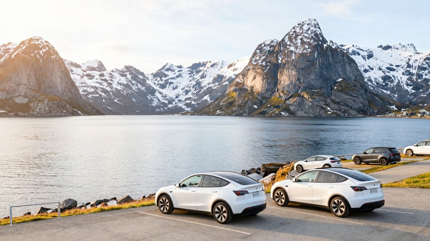 Norwegian fjord with electric cars and mountains.