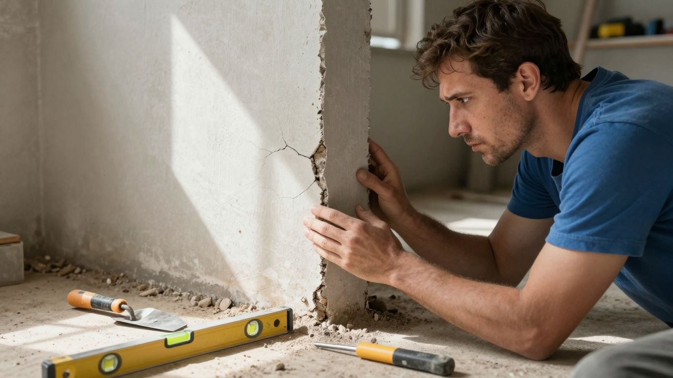 Homeowner examining cracked foundation with repair tools.