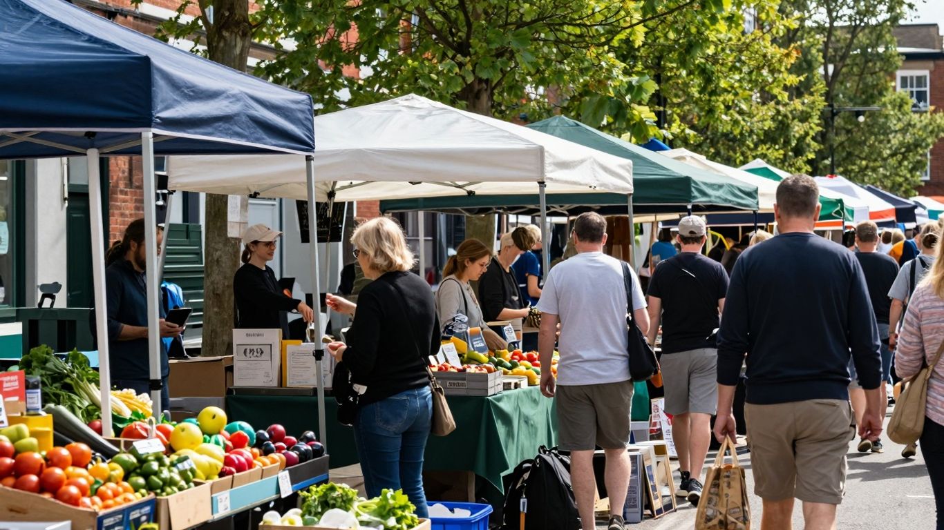 UK street market with stalls and shoppers.