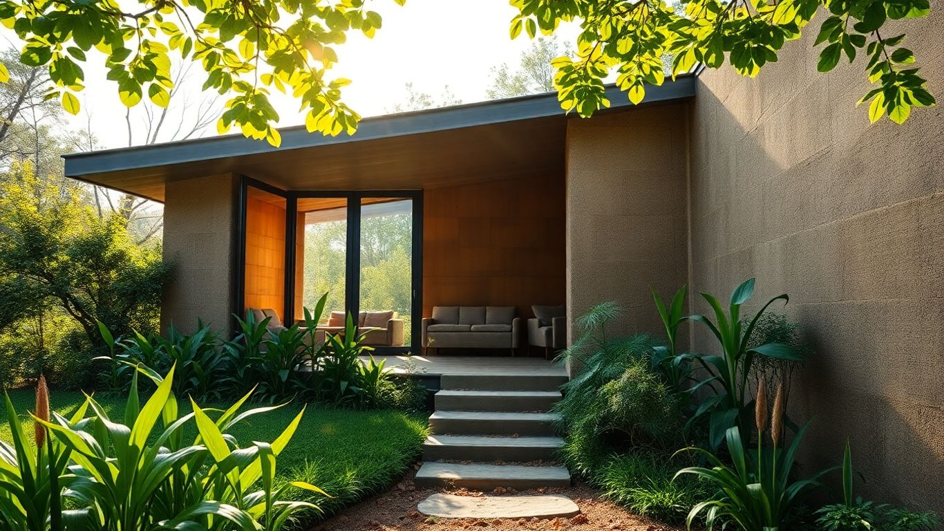 Casă ecologică din paie și lut, integrată în natură.