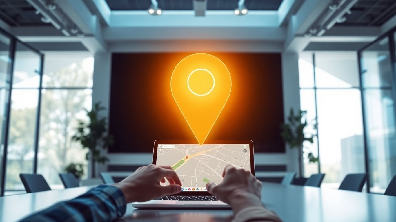 Google Maps pin icon above desk with laptop.
