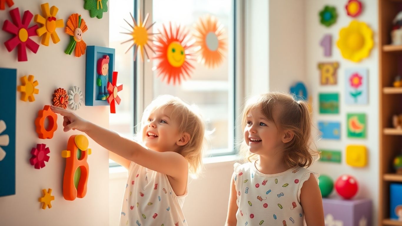 Children smiling with colorful birthday wall art in a bright room.