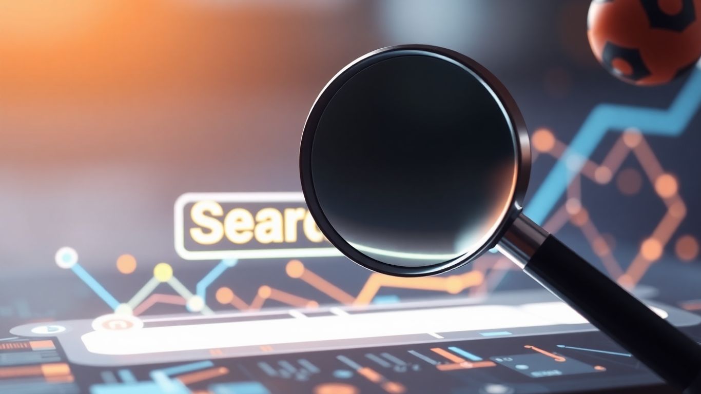 Magnifying glass over glowing search bar with abstract digital pathways.