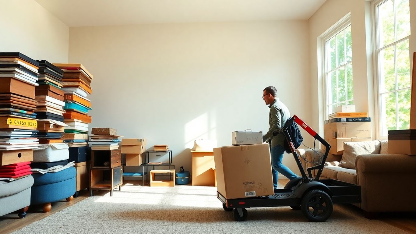 Clean living room after junk removal, team carrying last load.