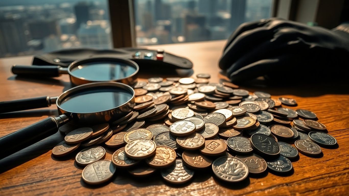 Chicago coin collection on table with magnifying glass