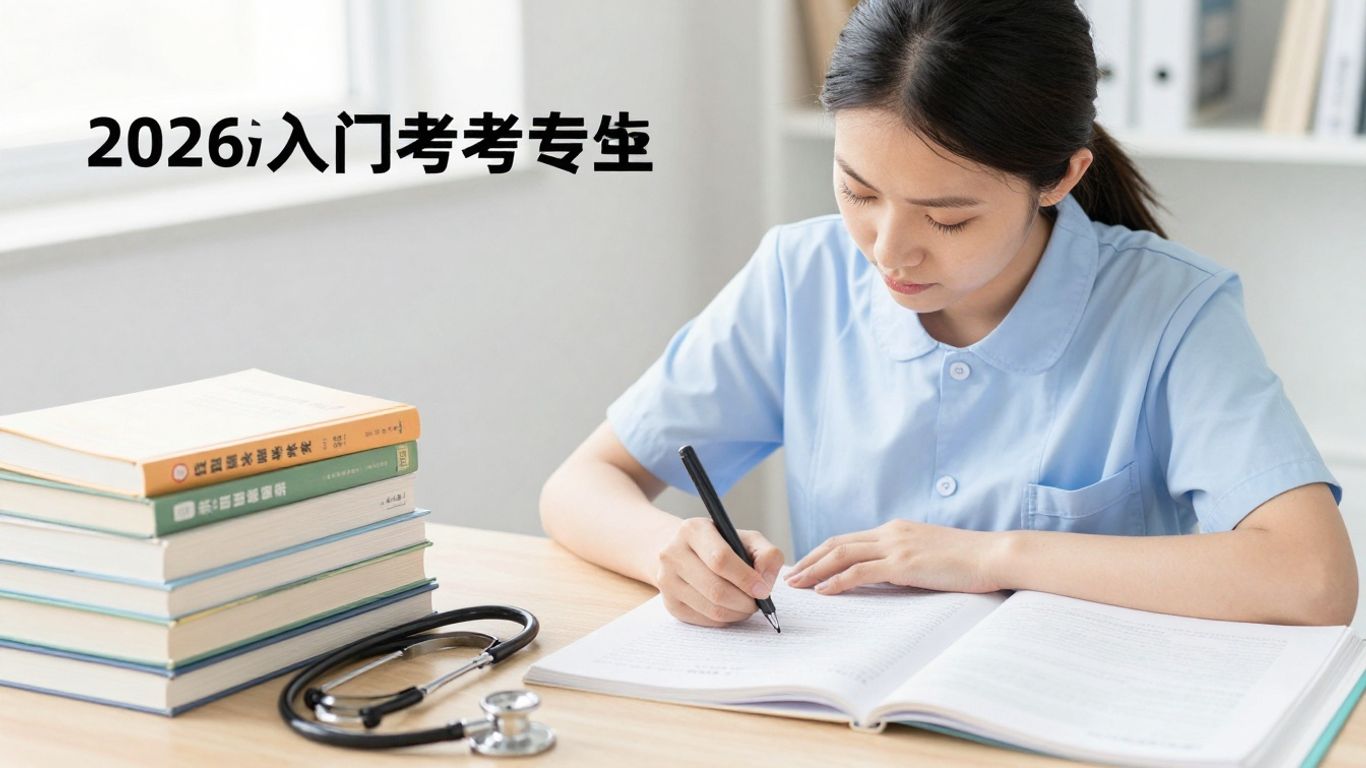 Nursing student preparing for entrance exam with books and stethoscope.