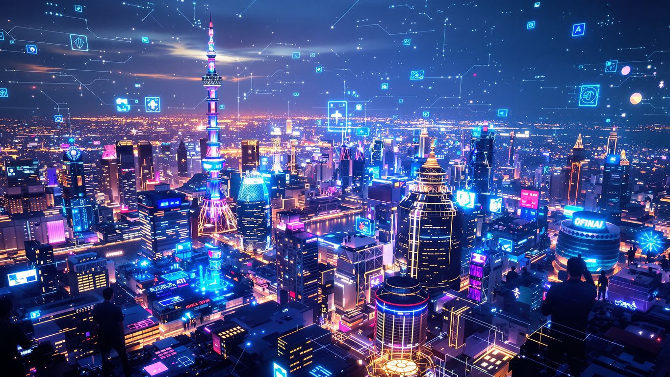 Asian cityscape with glowing AI circuits and people interacting with interfaces.