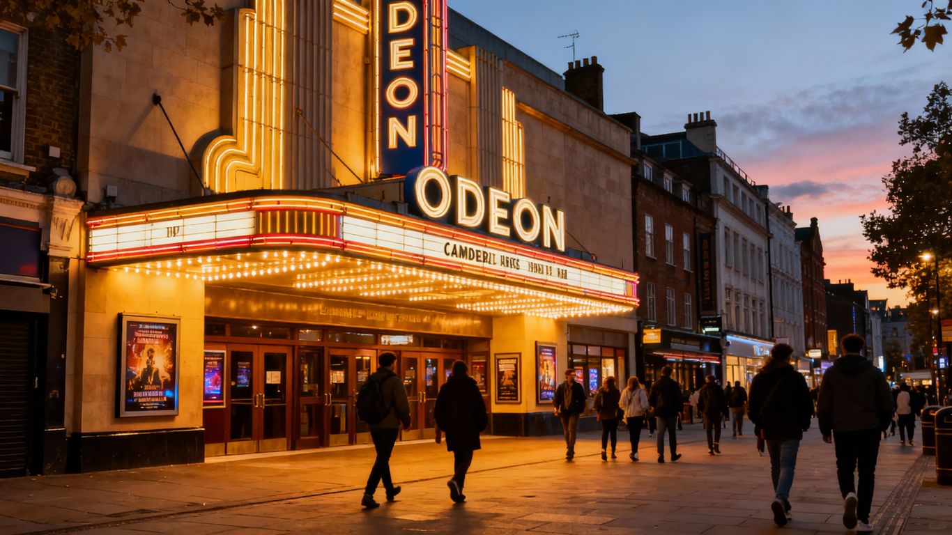 ODEON Camden cinema facade at dusk with illuminated marquee.