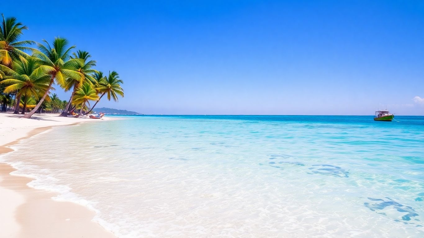 Sunny beach with palm trees and turquoise water.