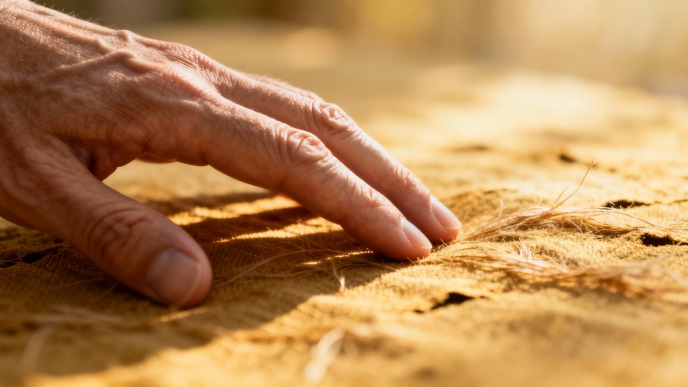 Hand touching a textured surface, soft light.