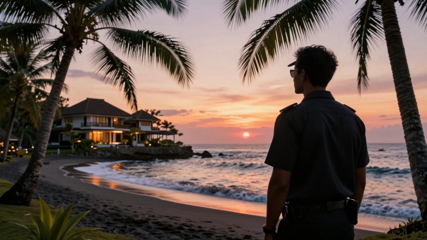 Private investigator observing a villa in Bali.