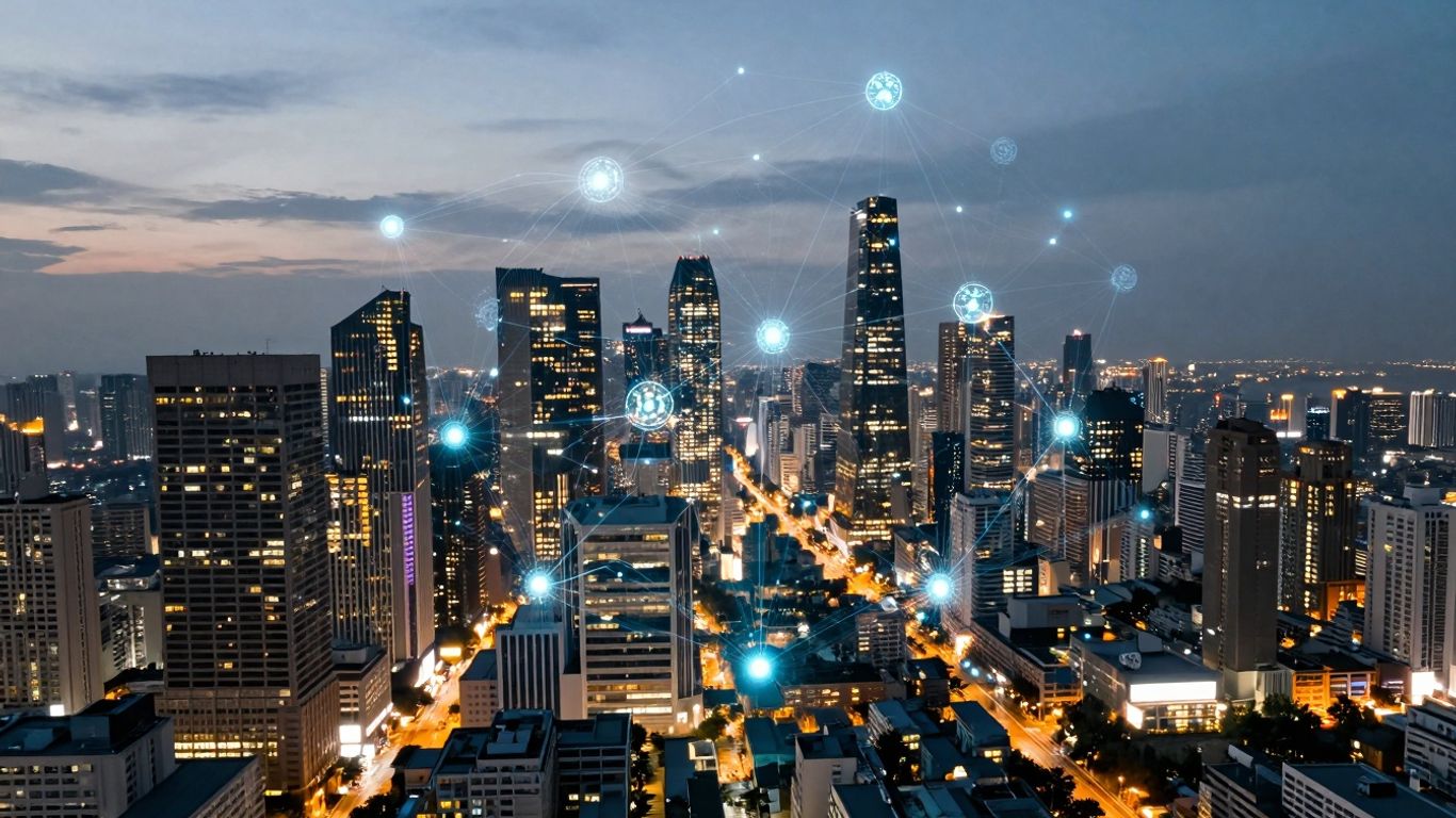 Digital city skyline with blockchain connections.