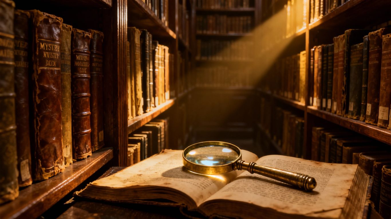Mystery novels on a shelf with a magnifying glass.