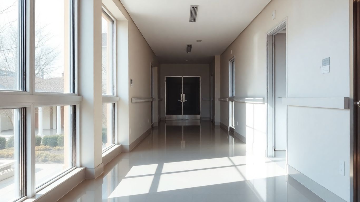 Clean apartment hallway with shiny windows and fixtures.