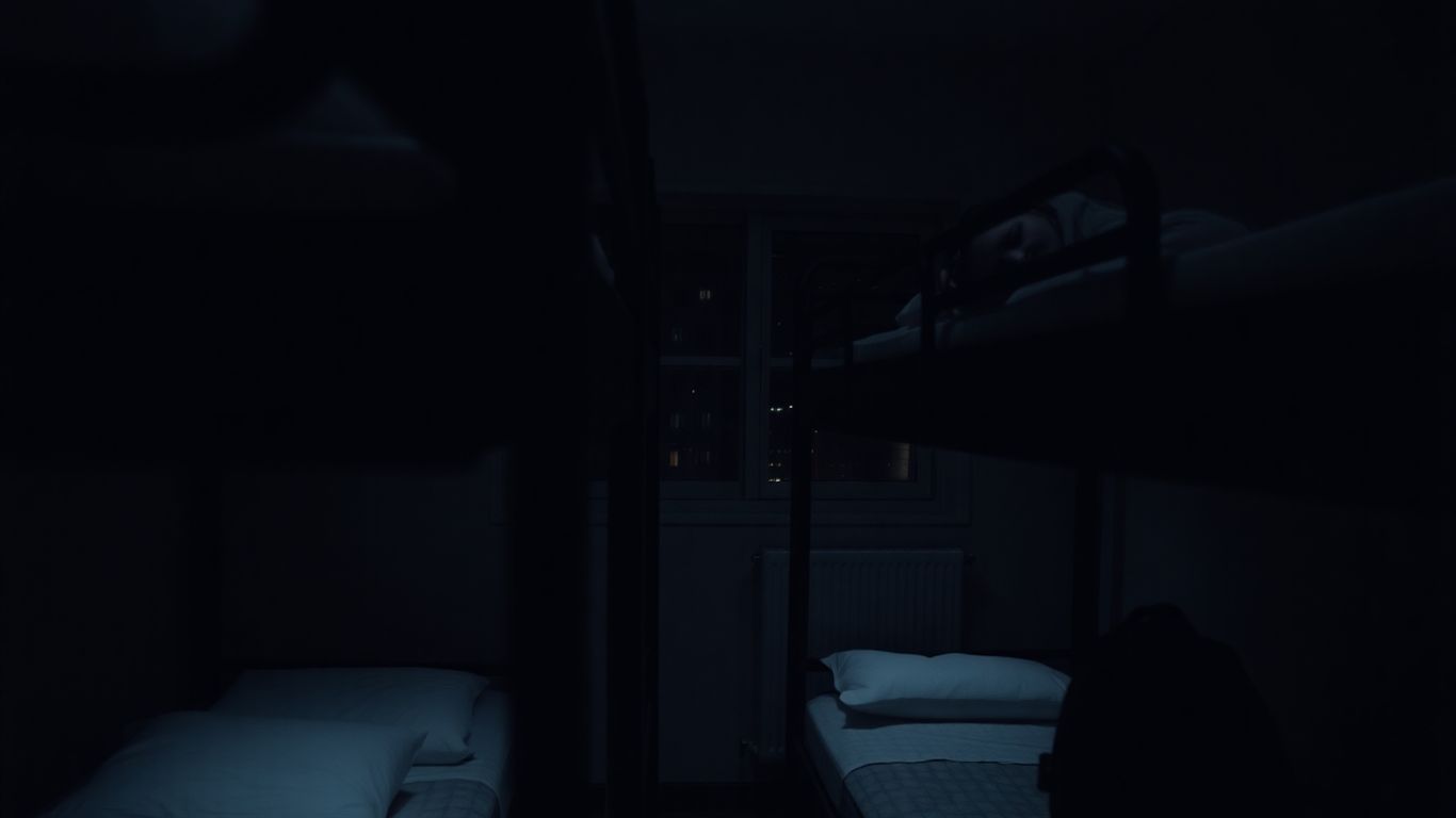 Person sleeping peacefully in a noisy hostel dormitory.