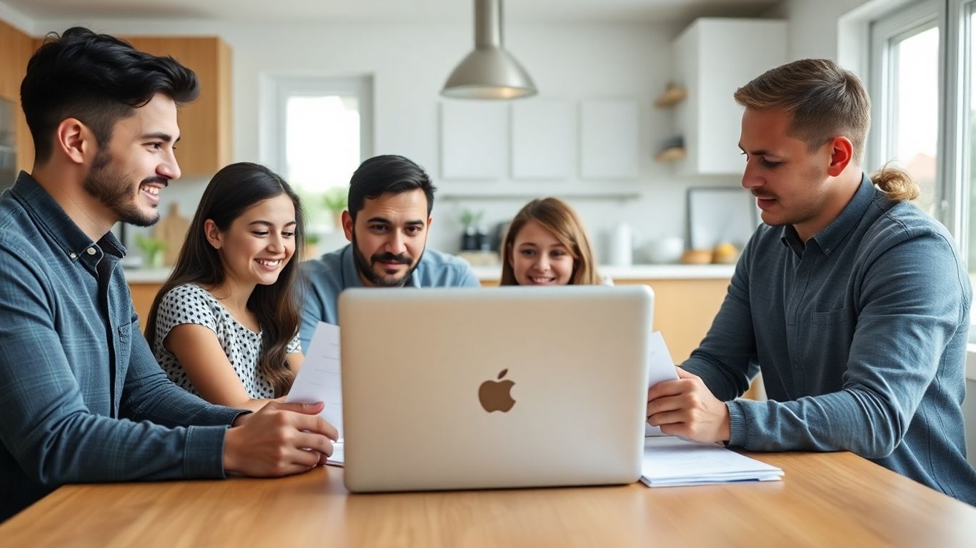 Família a rever documentos financeiros no computador em casa