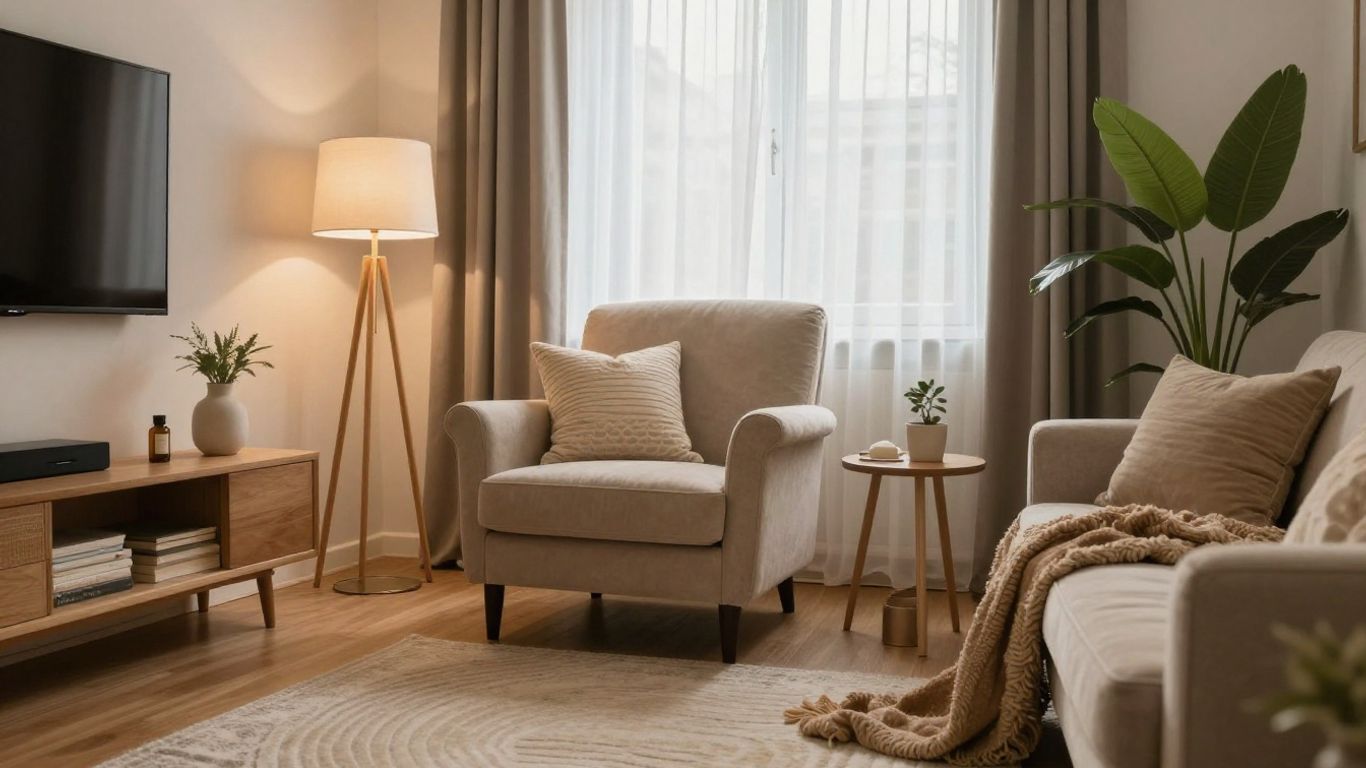 Stylish Airbnb living room with cozy decor and natural light.