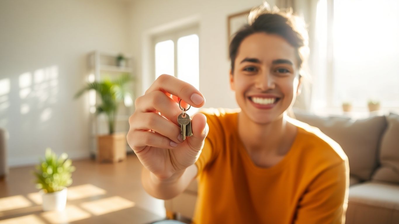 Persona sonriente con llave de casa en sala acogedora.
