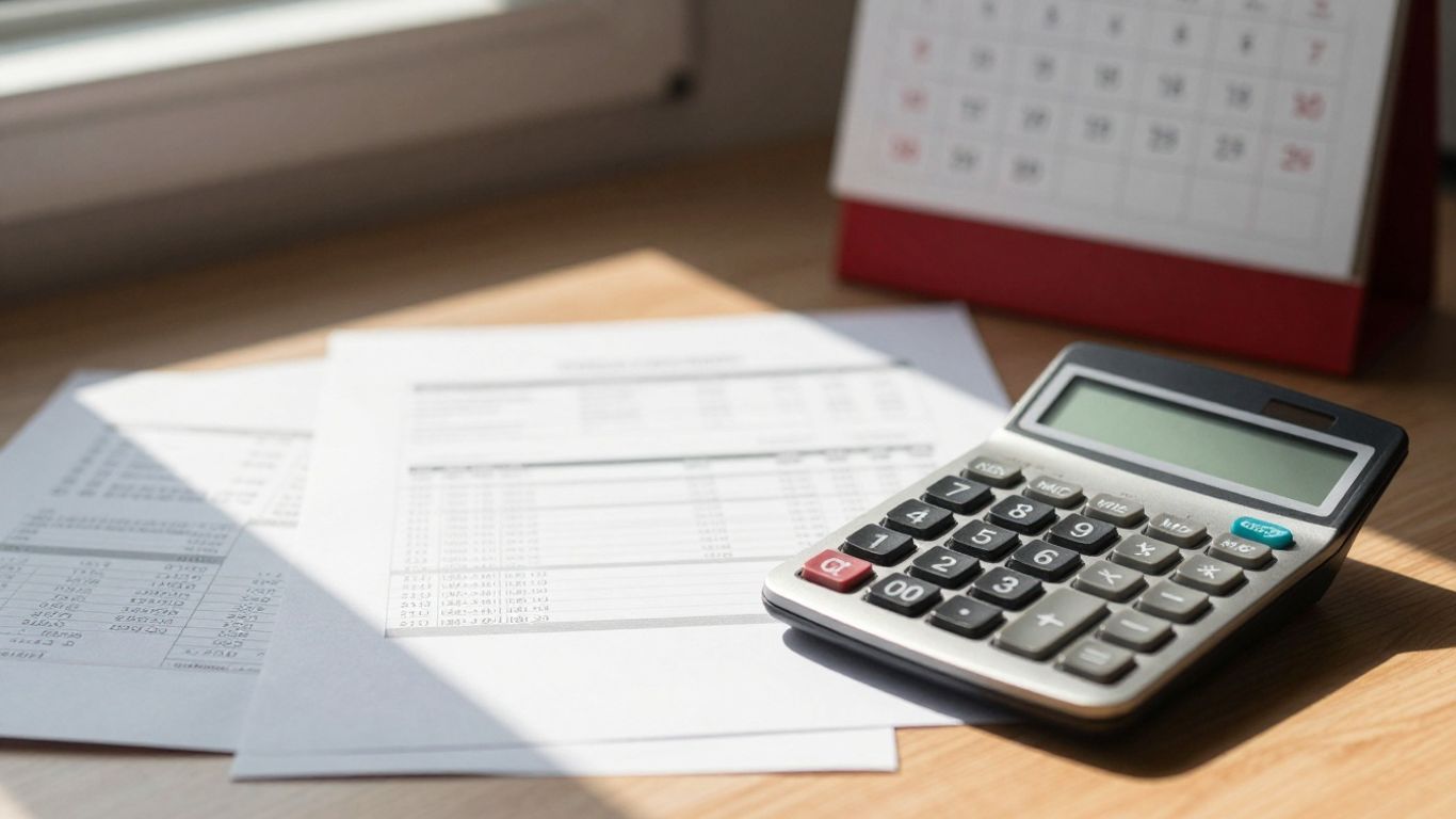Schreibtisch mit Finanzdokumenten und Kalender