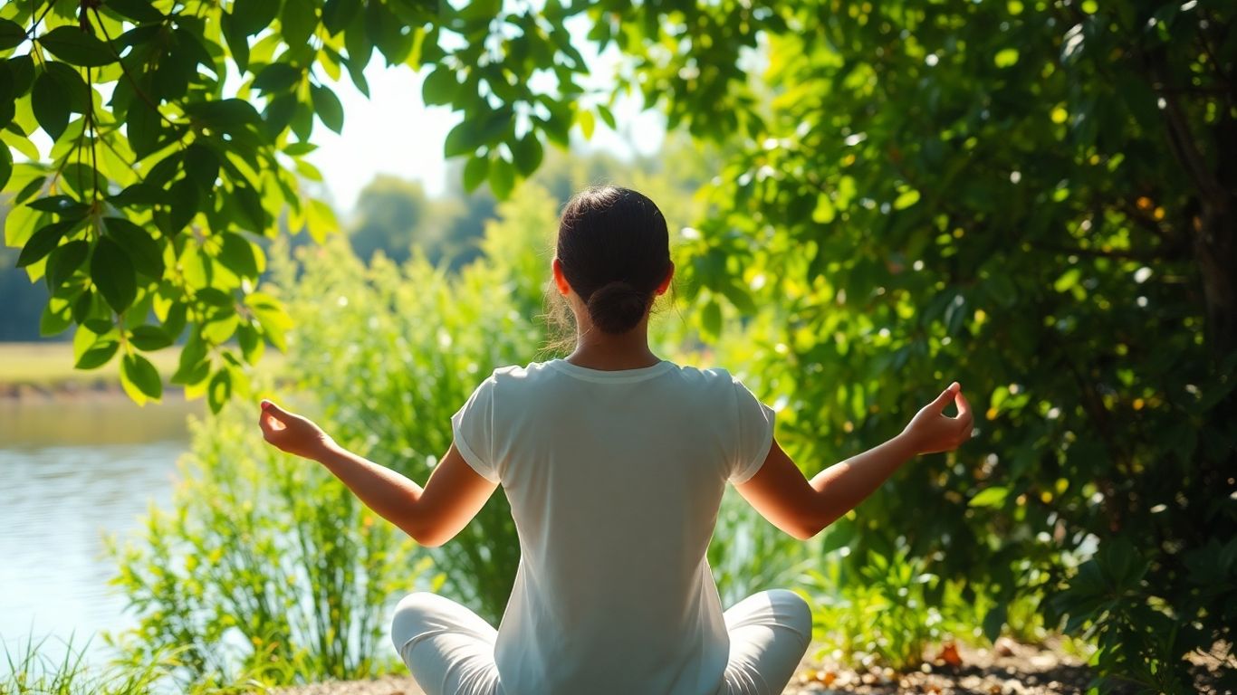 Person meditating peacefully in a natural, sunlit outdoor setting.