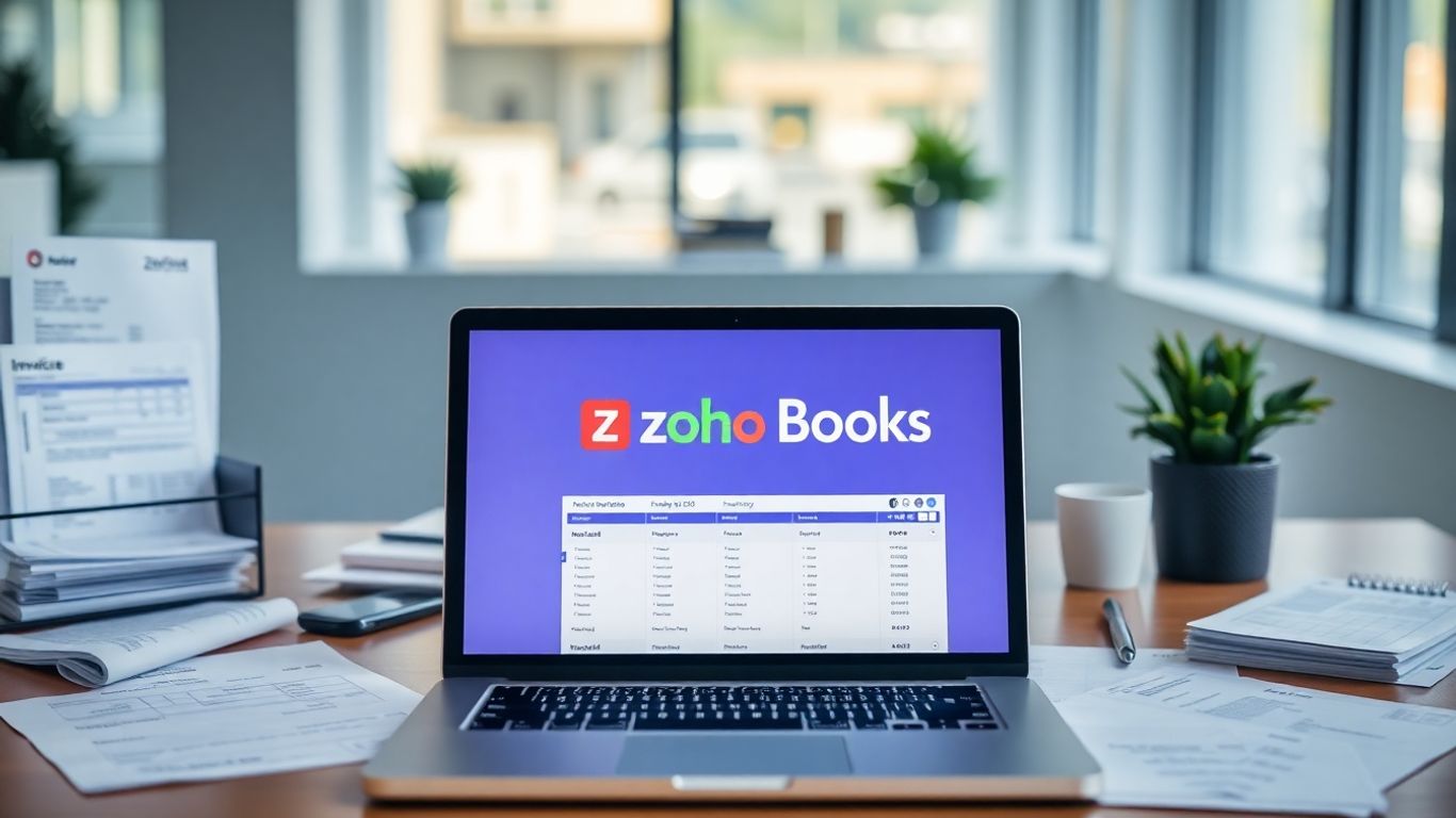 Laptop with Zoho Books open, financial papers around.