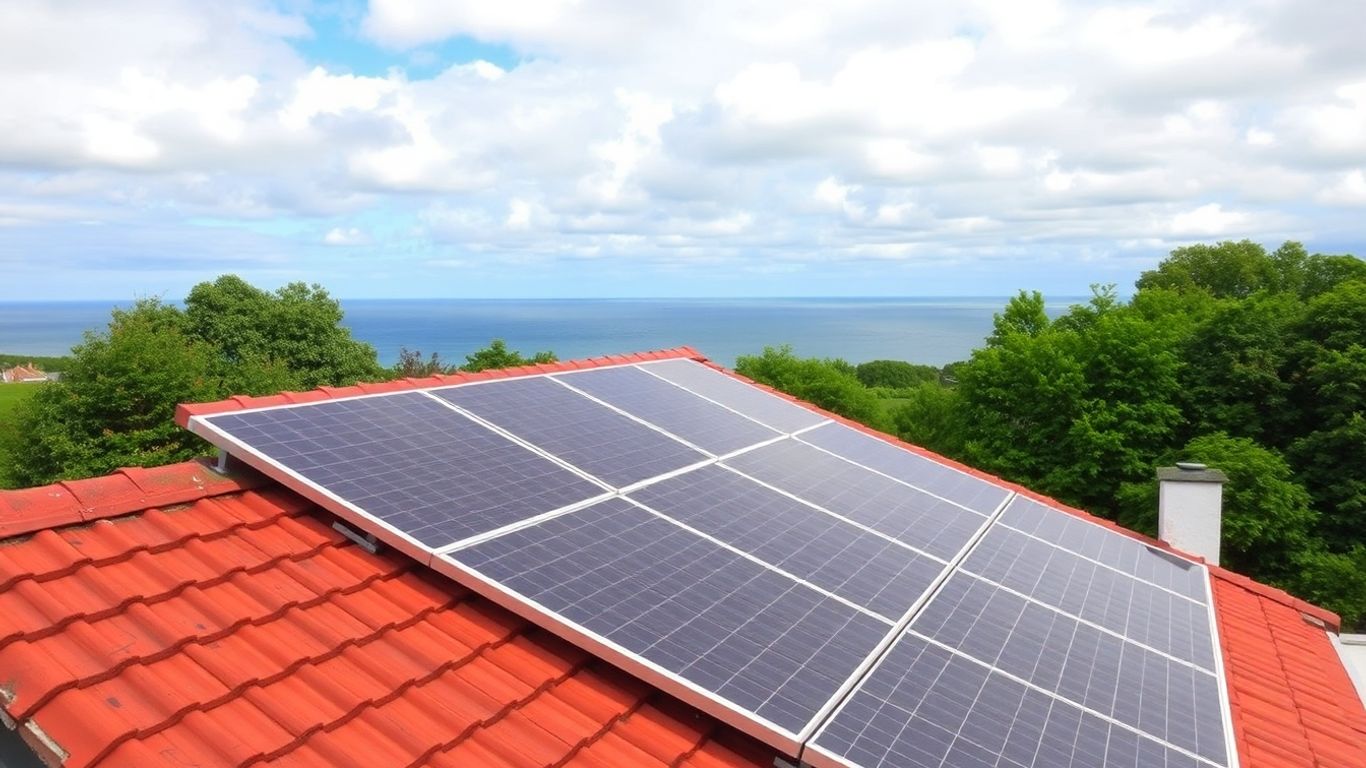 Solar panels on a roof in Brest, partially cloudy sky.