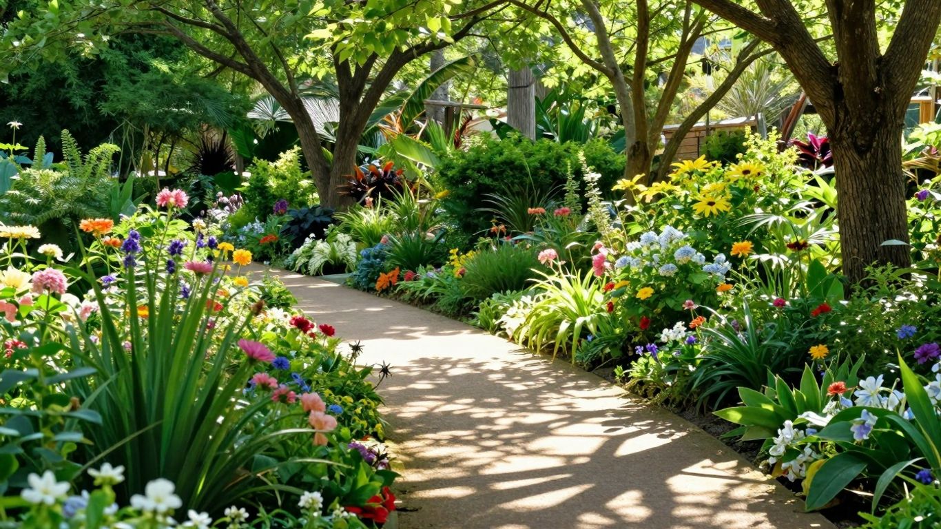Groene tuin met bloemen en bomen