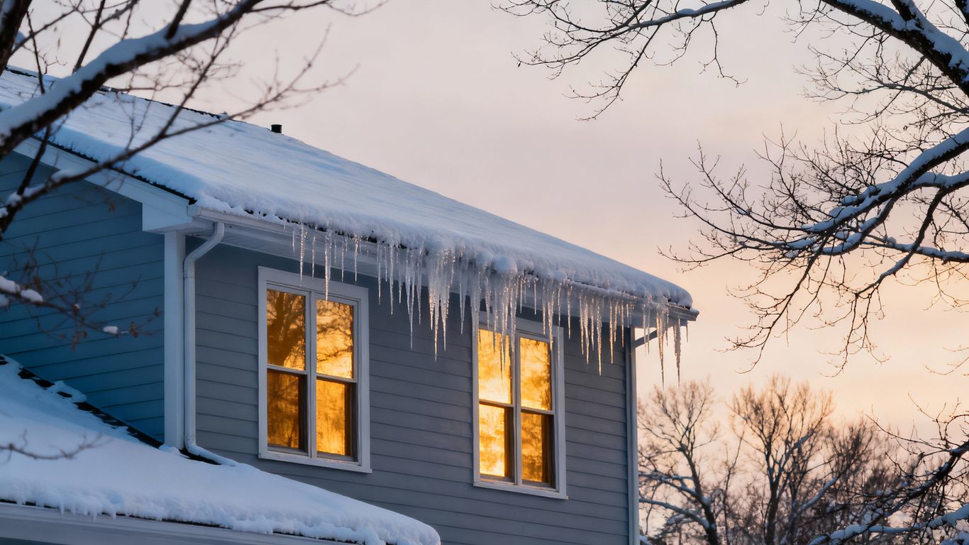 Cozy, snow-covered house with warm light from windows.