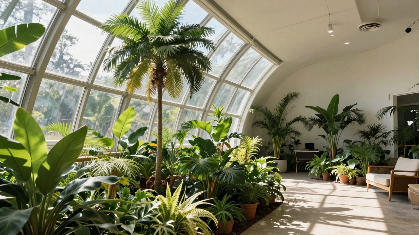 Intérieur d'une maison solaire heliodome avec plantes vertes.