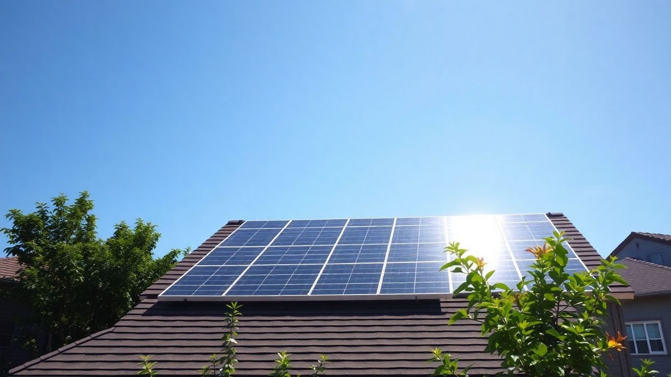 Panouri fotovoltaice moderne pe acoperiș sub soare strălucitor.