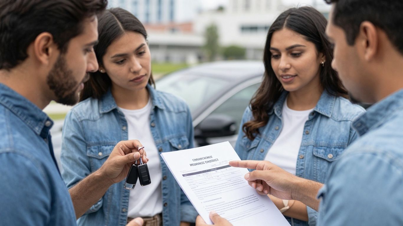 Drivers reviewing car insurance policy with keys and car.
