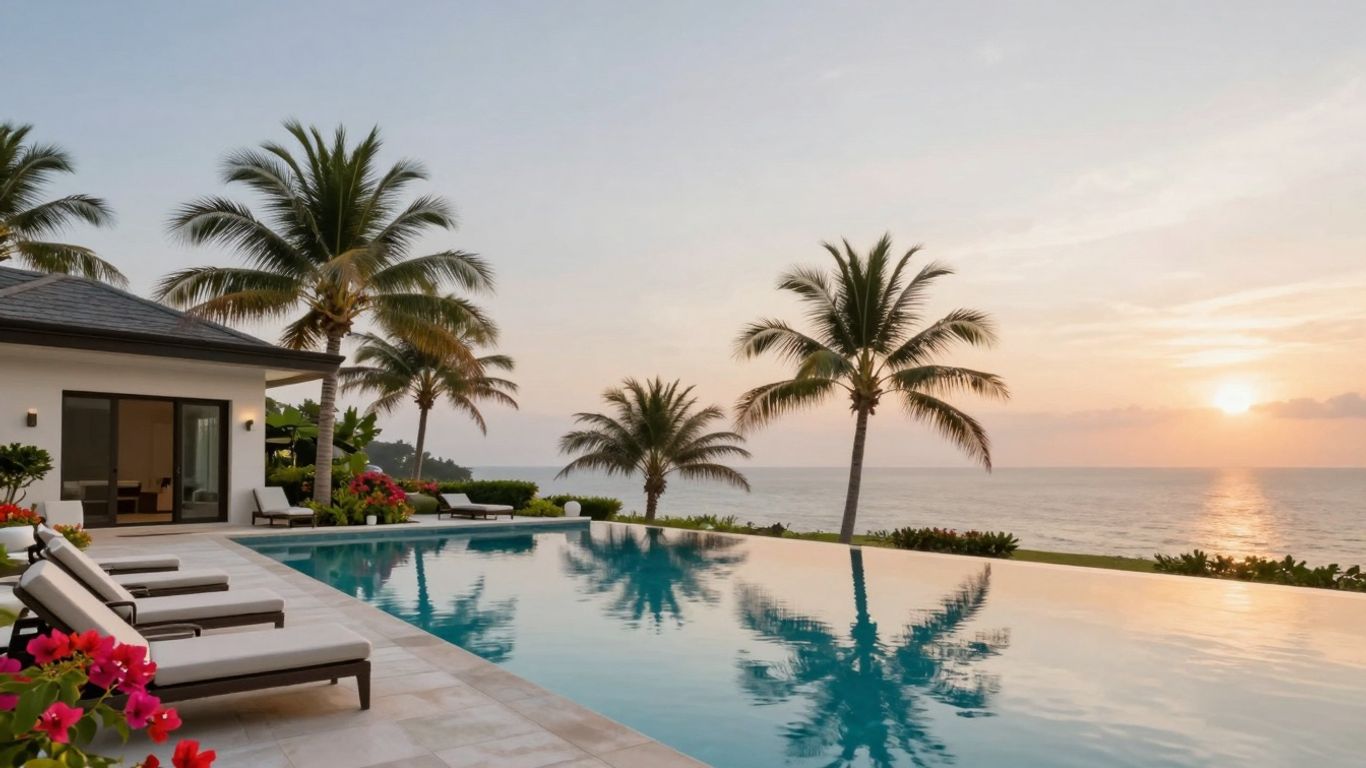 Luxury villa with infinity pool at sunset in Cabo.