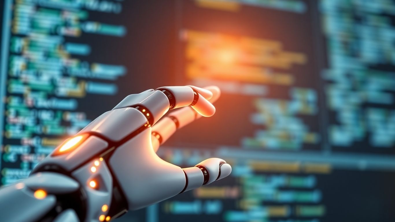 Robot hand interacting with a glowing digital interface.