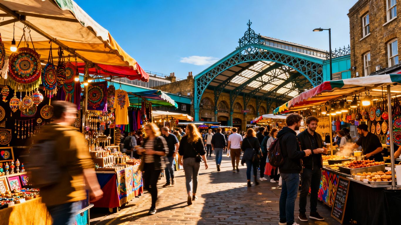 Camden Market London street scene with stalls and people.