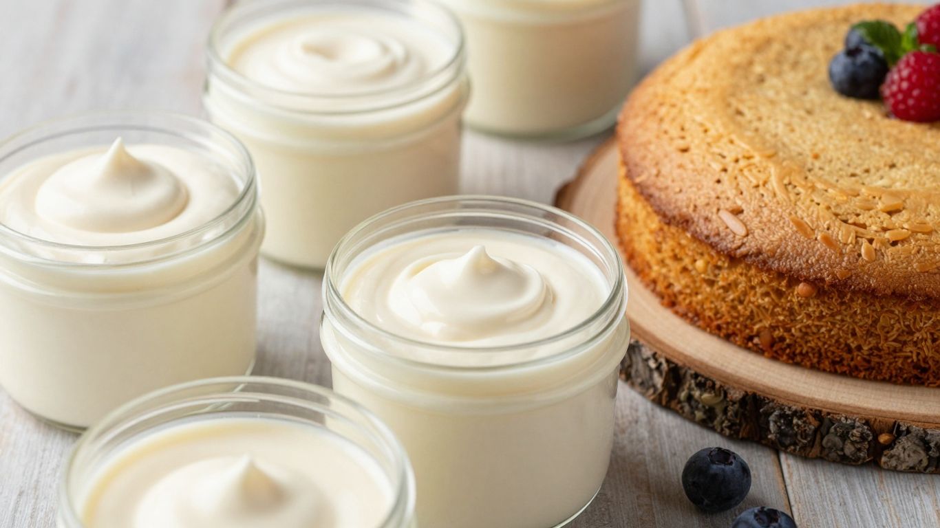 Vegane Sahnealternativen und ein veganer Kuchen auf Holztisch.