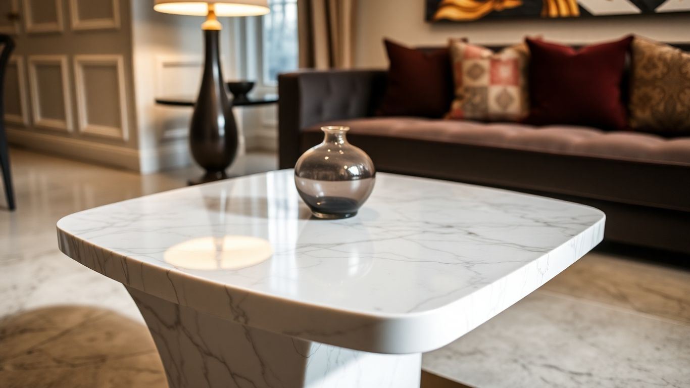Marble end table with lamp and vase in living room.